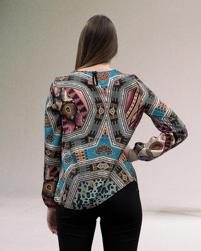 BLUSA GIROCOLLO STAMPA ETNICA BLU-ROSA