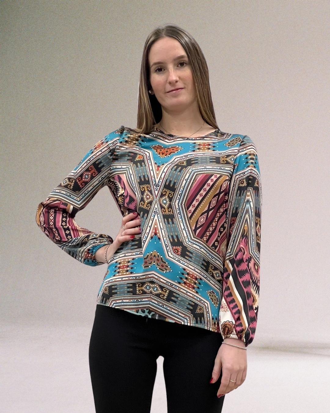 BLUSA GIROCOLLO STAMPA ETNICA BLU-ROSA