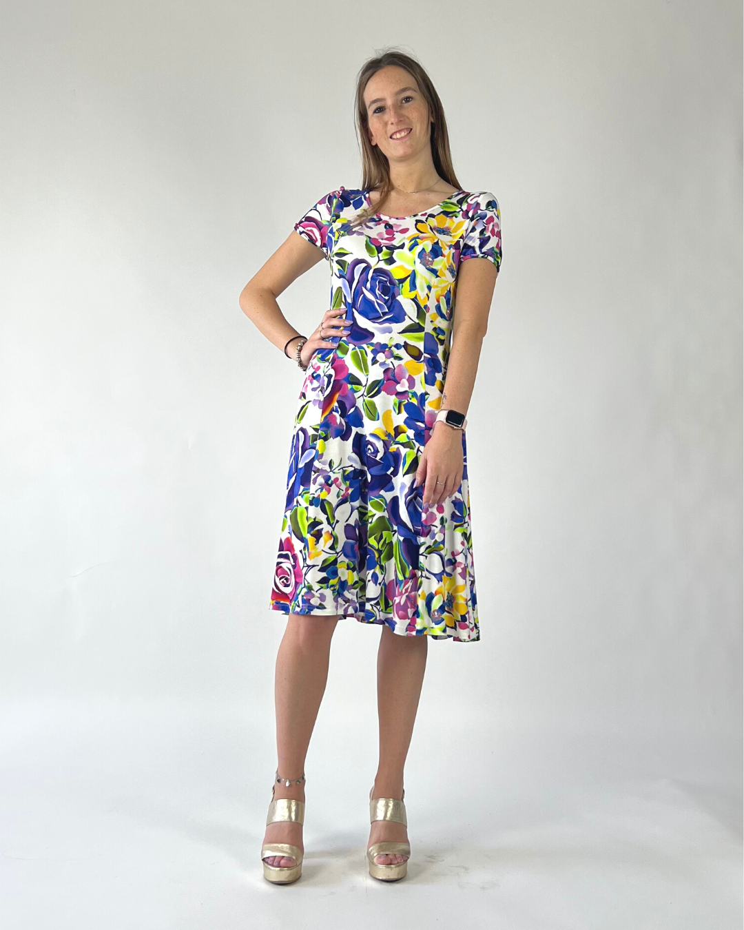 ABITO GODET IN FANTASIA FIORE BLU