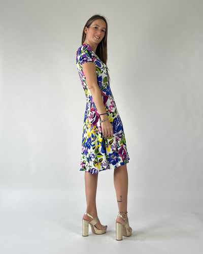 ABITO GODET IN FANTASIA FIORE BLU