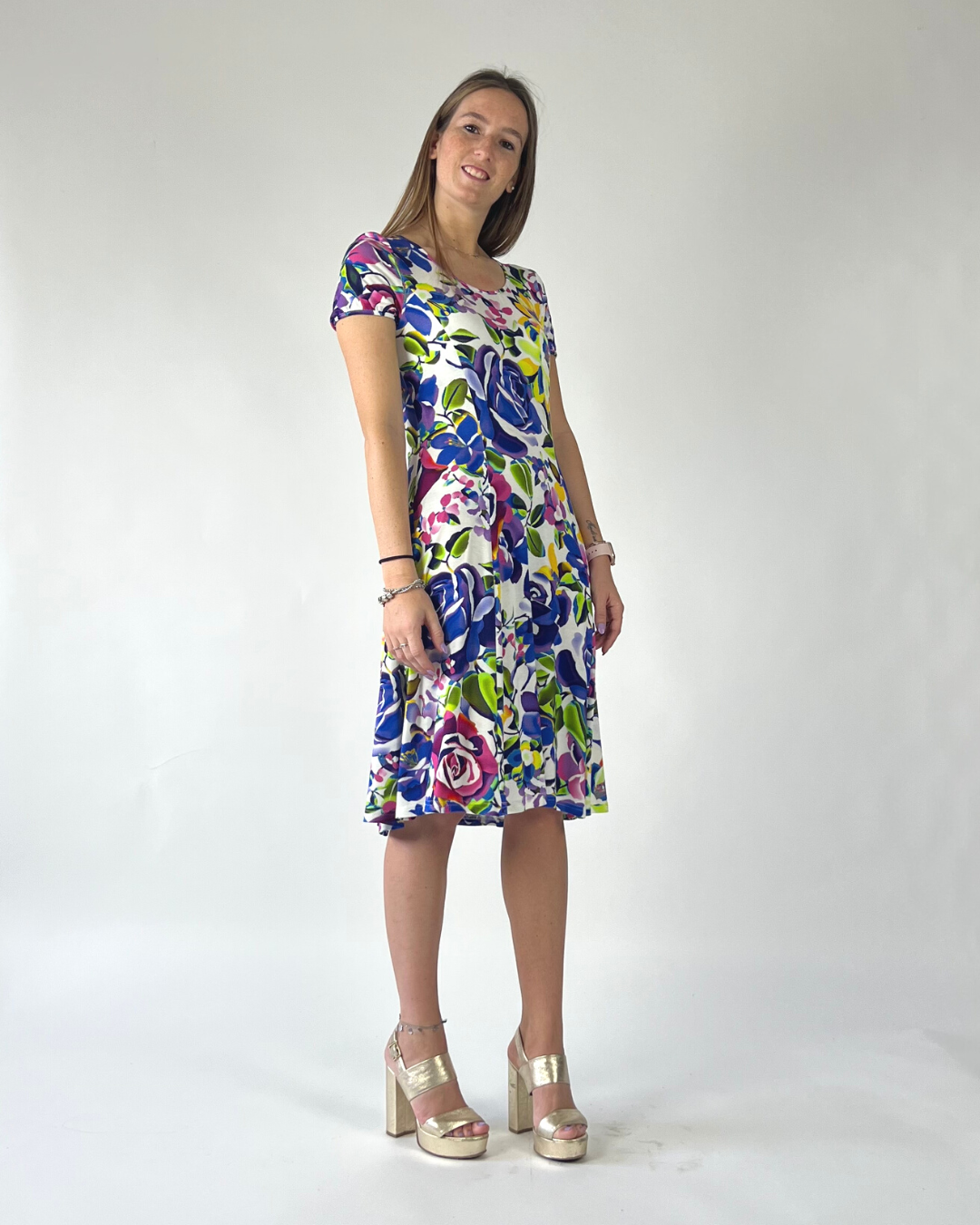 ABITO GODET IN FANTASIA FIORE BLU