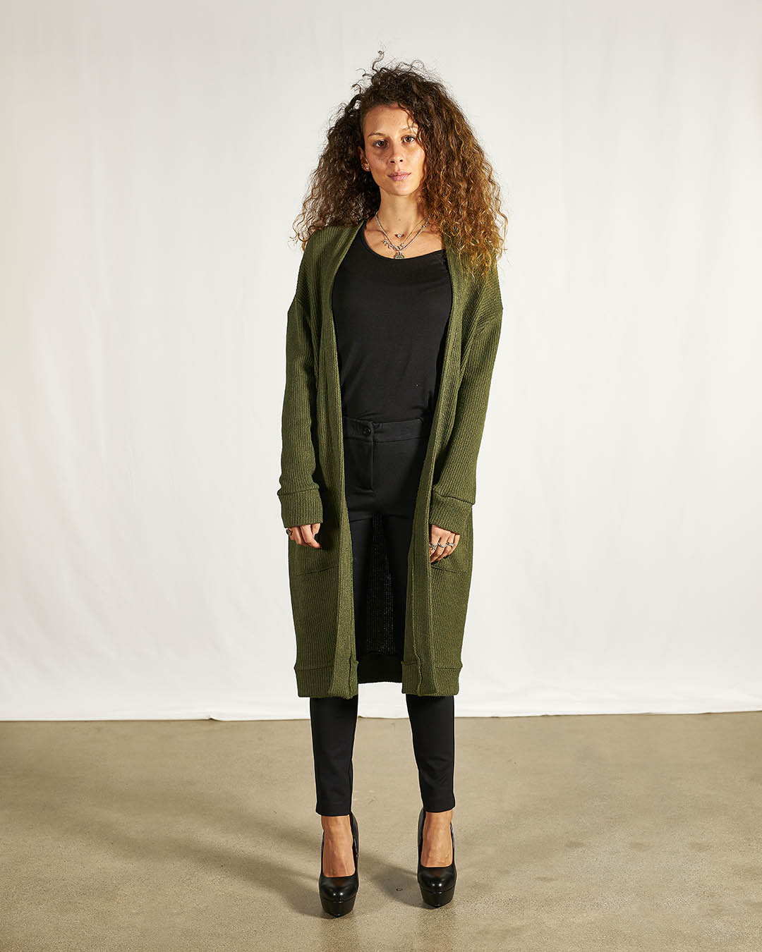 CARDIGAN LUNGO IN MAGLIA VERDE MILITARE