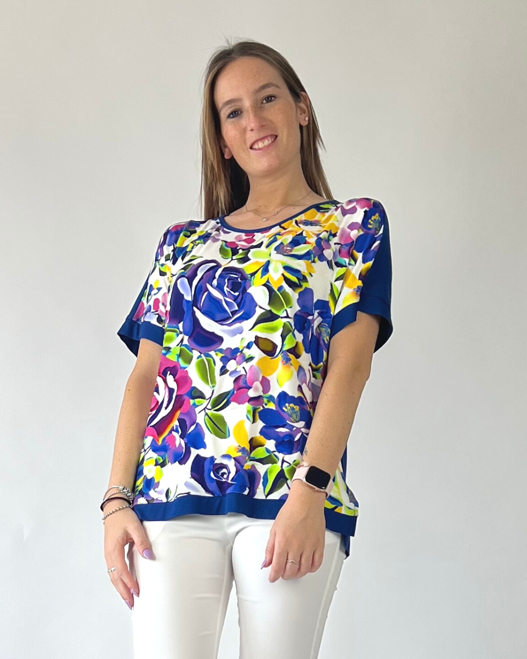 MAGLIA MEZZA MANICA IN FANTASIA FIORE BLU