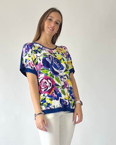 MAGLIA MEZZA MANICA IN FANTASIA FIORE BLU