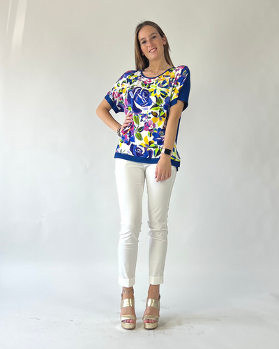MAGLIA MEZZA MANICA IN FANTASIA FIORE BLU