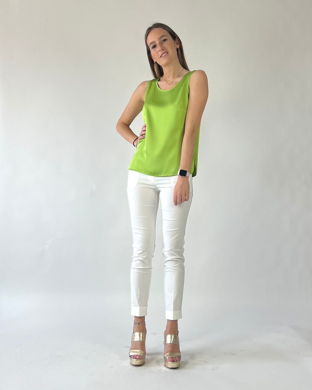 CAMICIA SMANICATA IN RASO VERDE LIME