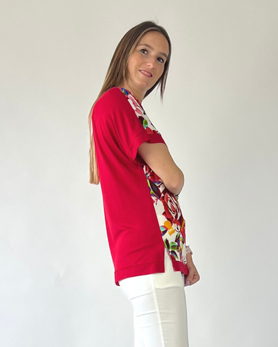 MAGLIA MEZZA MANICA IN FANTASIA FIORE ROSSO