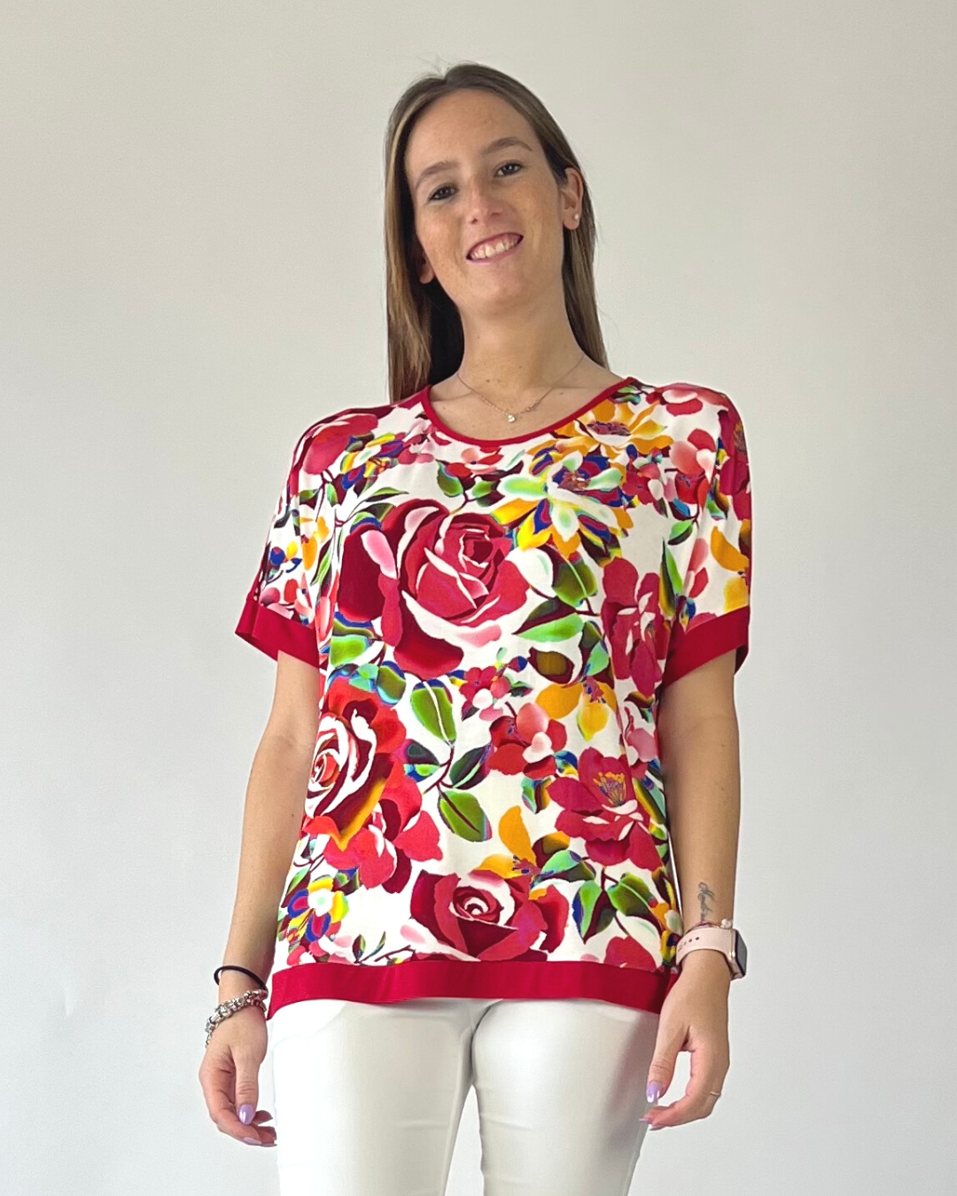 MAGLIA MEZZA MANICA IN FANTASIA FIORE ROSSO