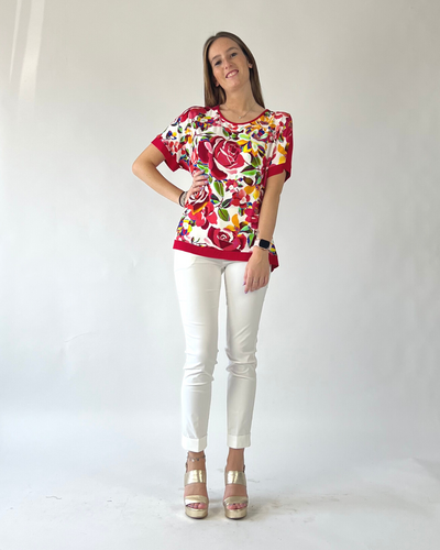 MAGLIA MEZZA MANICA IN FANTASIA FIORE ROSSO