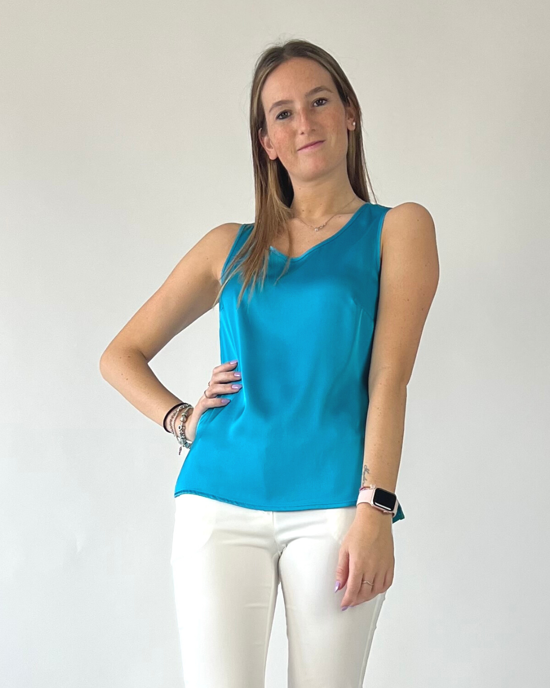 CAMICIA SMANICATA IN RASO TURCHESE