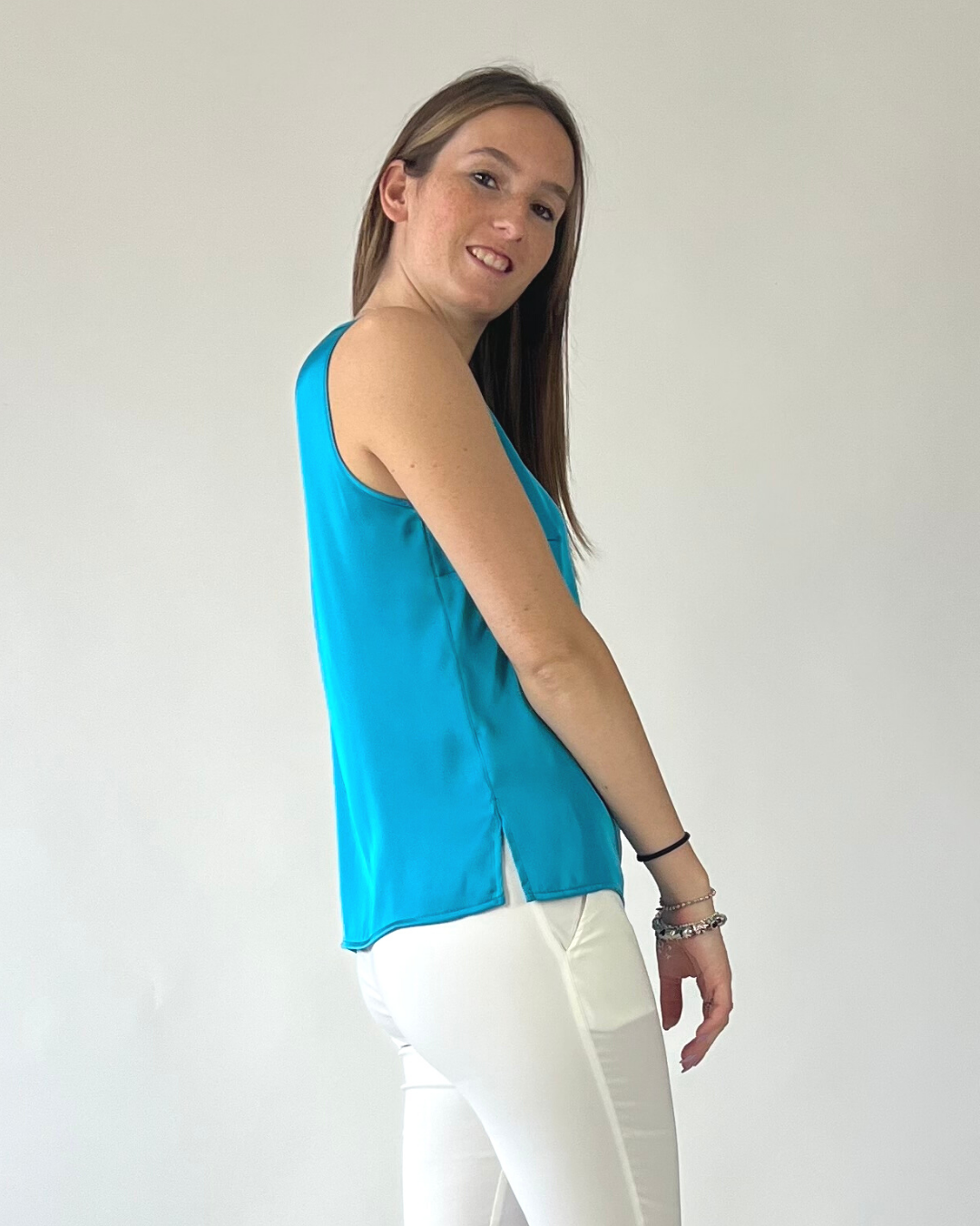 CAMICIA SMANICATA IN RASO TURCHESE