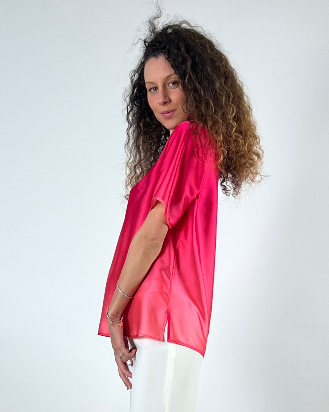 BLUSA MEZZA MANICA IN STAMPA DEGRADE' FUCSIA