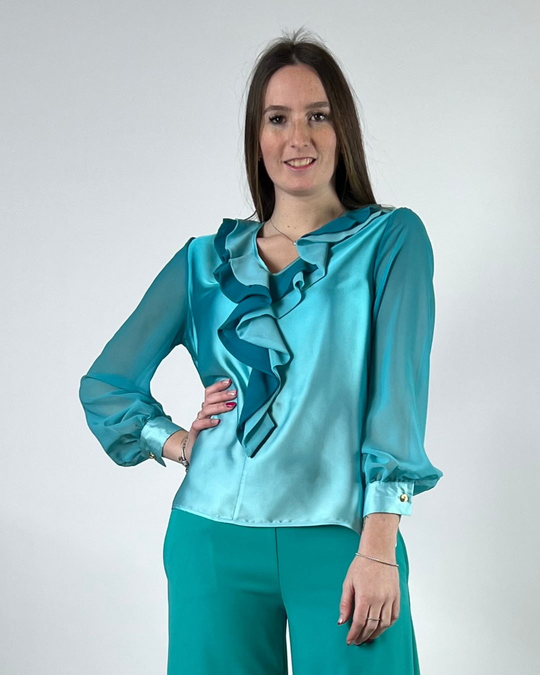 CAMICIA CON JABOT IN STAMPA DEGRADE' VERDE
