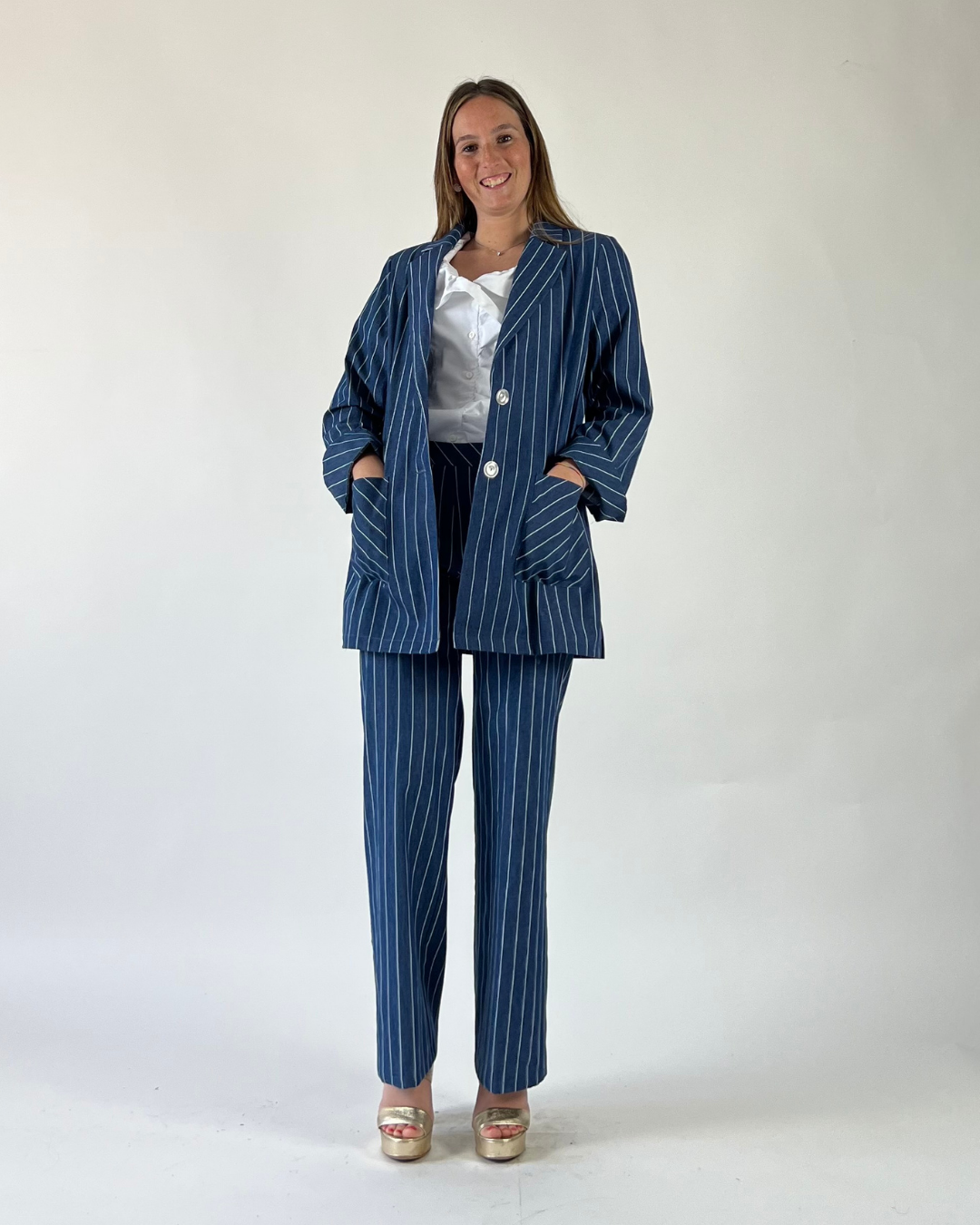 PANTALONE PALAZZO A RIGHE BLU