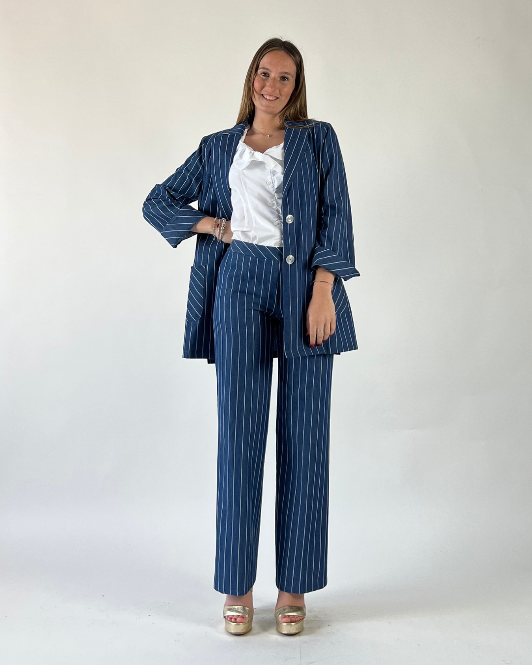 PANTALONE PALAZZO A RIGHE BLU