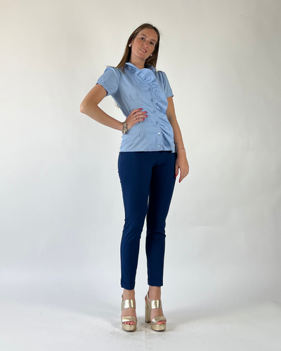 PANTALONE SKINNY TINTA UNITA CON RISVOLTO BLU