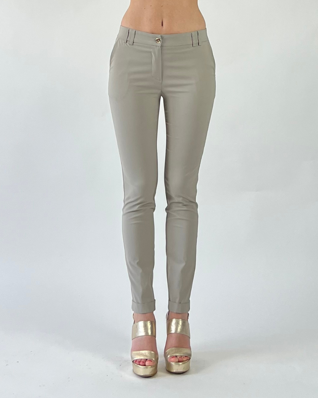 PANTALONE SKINNY TINTA UNITA CON RISVOLTO BEIGE