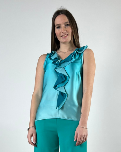 CAMICIA SMANICATA CON JABOT IN STAMPA DEGRADE' VERDE